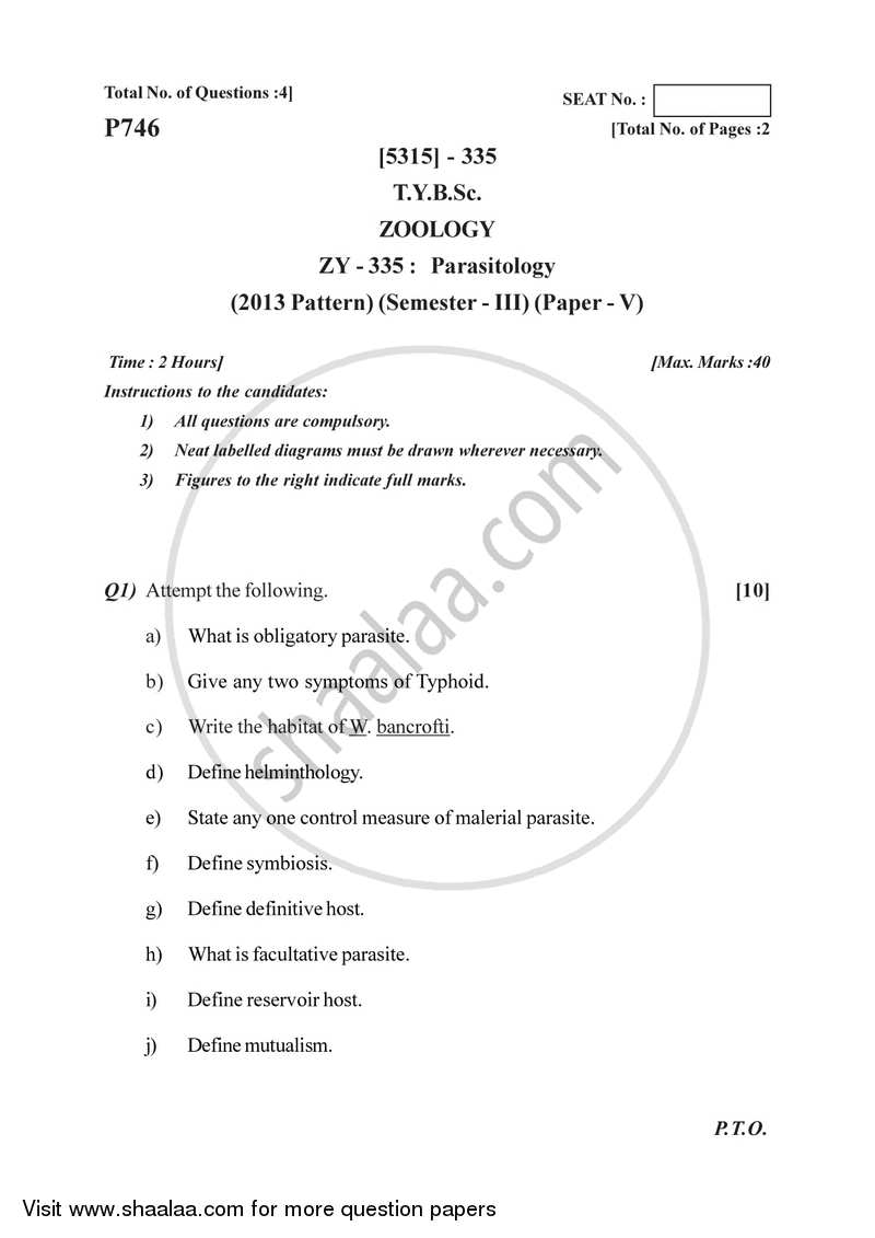 Parasitology 2017-2018 - B.Sc. - Semester 5 (TYBSc) - University of Pune question paper with PDF download