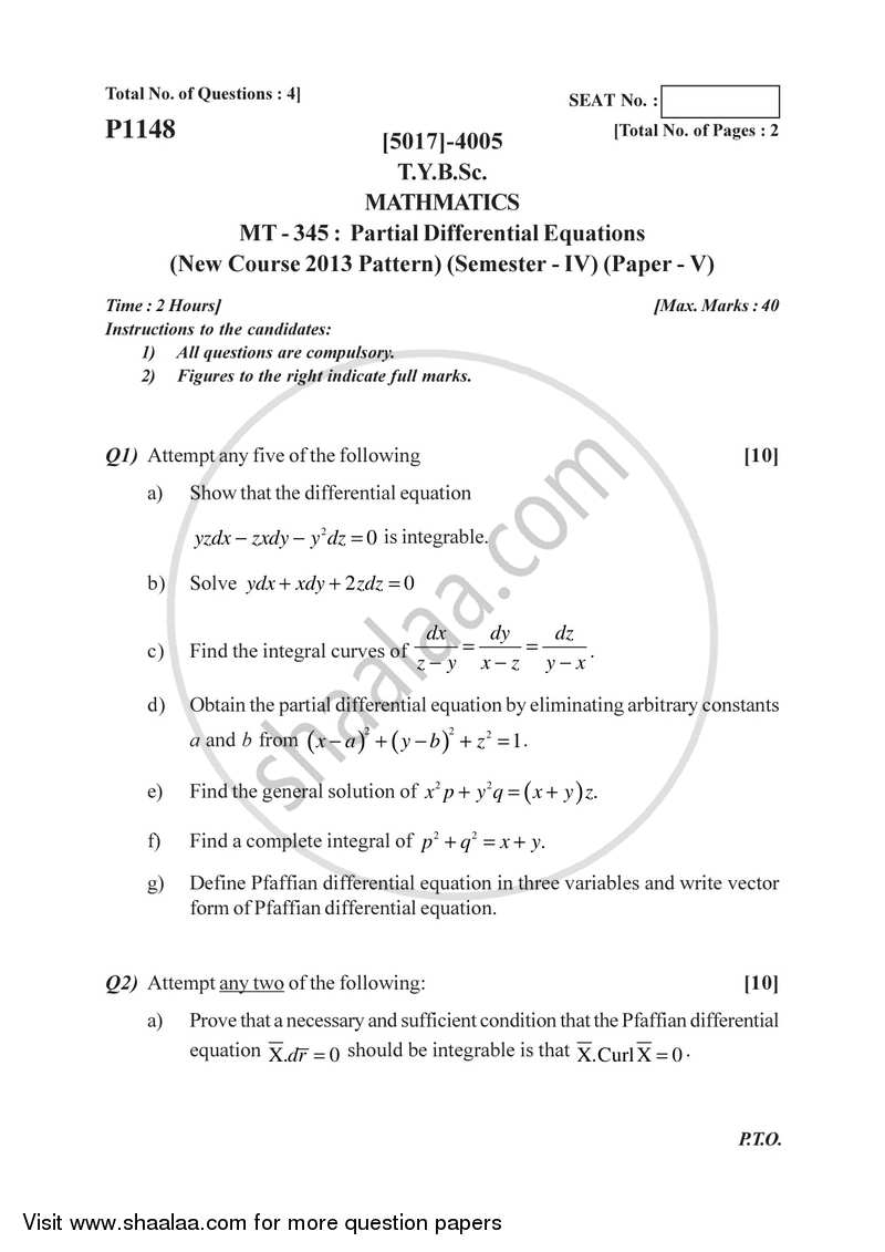 Partial Differential Equations 2016-2017 - B.Sc. - Semester 6 (TYBSc) - University of Pune question paper with PDF download