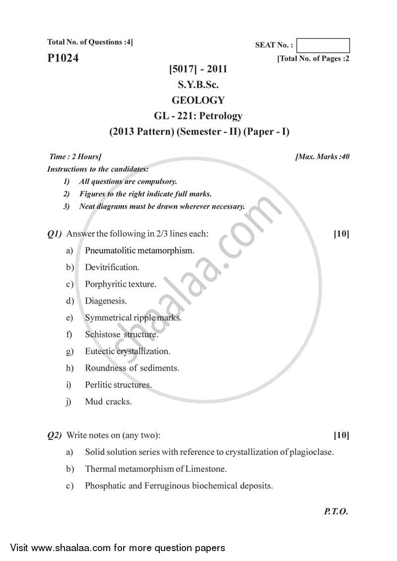 Petrology 2016-2017 - B.Sc. - Semester 4 (SYBSc) - University of Pune question paper with PDF download
