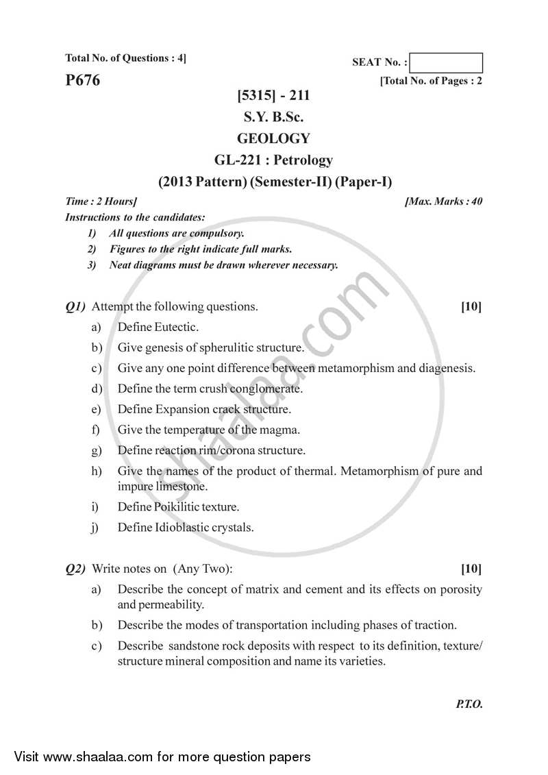 Petrology 2017-2018 - B.Sc. - Semester 4 (SYBSc) - University of Pune question paper with PDF download