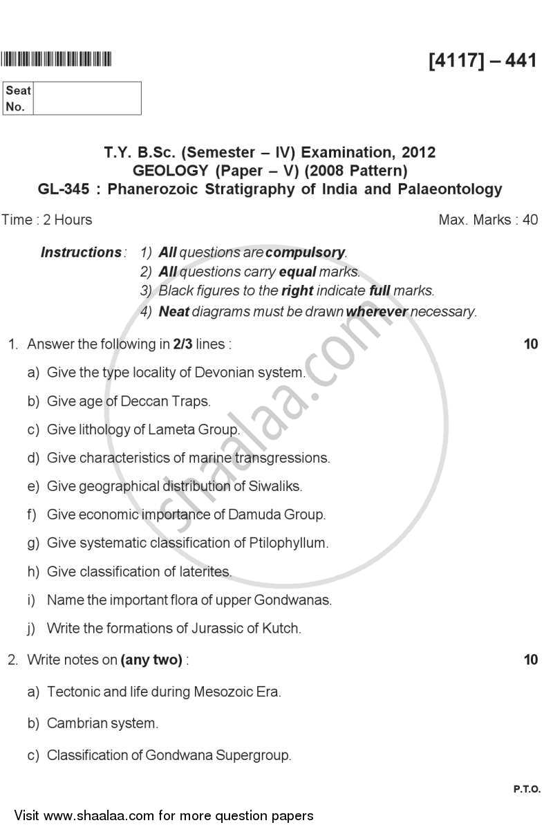 Phanerozoic Stratigraphy of India and Palaeontology 2012-2013 - B.Sc. - Semester 6 (TYBSc) - University of Pune question paper with PDF download