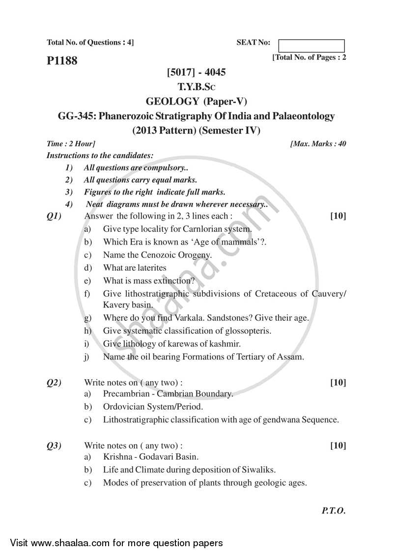 Phanerozoic Stratigraphy of India and Palaeontology 2016-2017 - B.Sc. - Semester 6 (TYBSc) - University of Pune question paper with PDF download