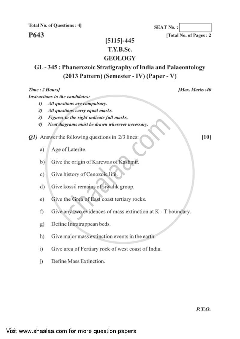 Phanerozoic Stratigraphy of India and Palaeontology 2016-2017 - B.Sc. - Semester 6 (TYBSc) - University of Pune question paper with PDF download