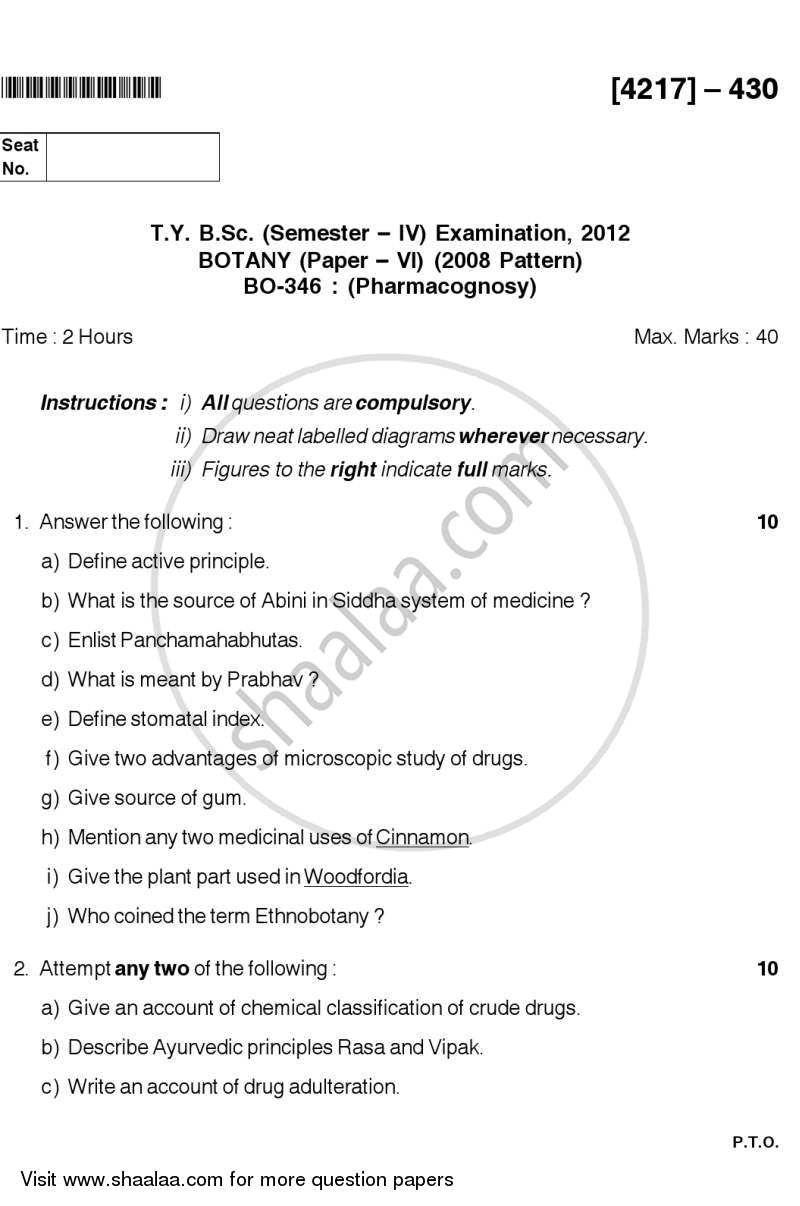Pharmacognosy 2012-2013 - B.Sc. - Semester 6 (TYBSc) - University of Pune question paper with PDF download