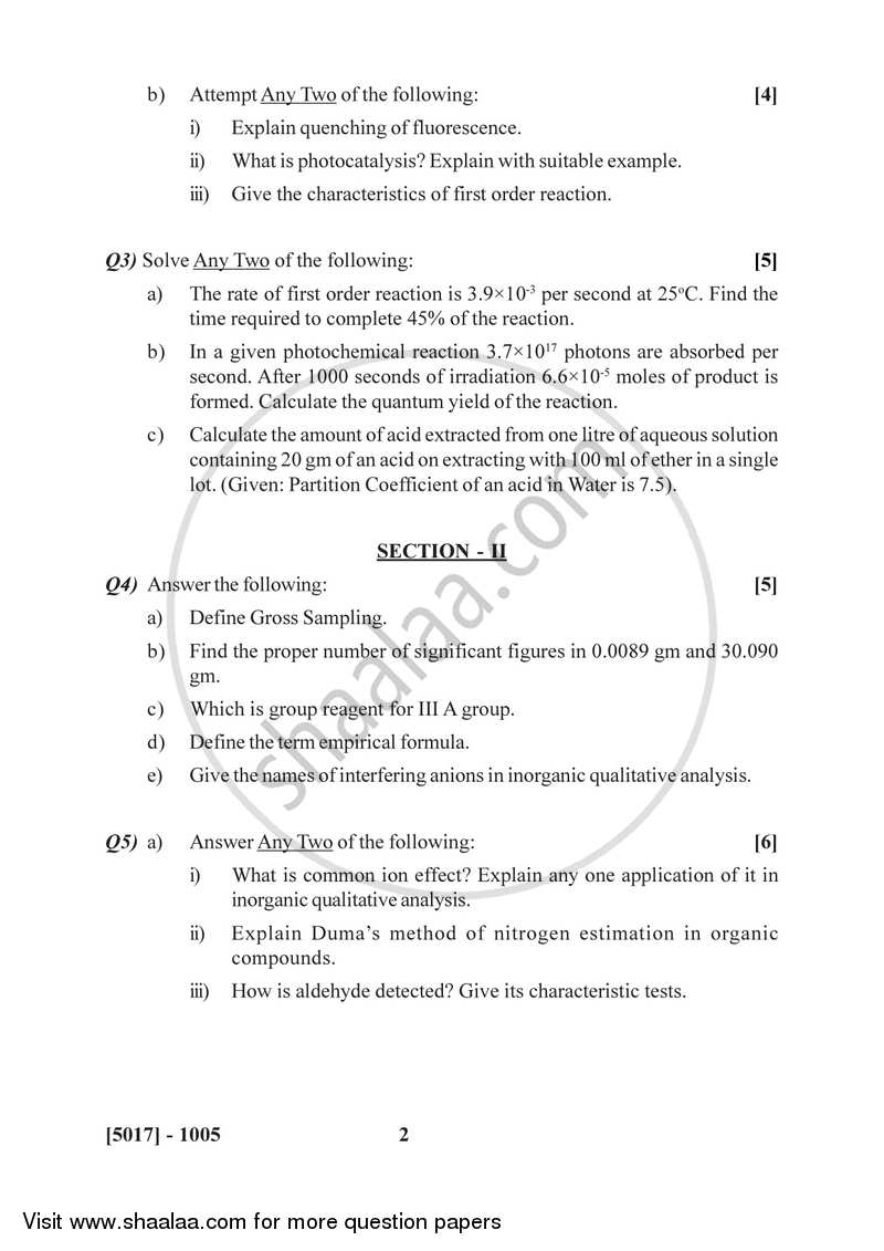 Physical and Analytical Chemistry 2016-2017 - B.Sc. - Semester 3 (SYBSc) - University of Pune question paper with PDF download