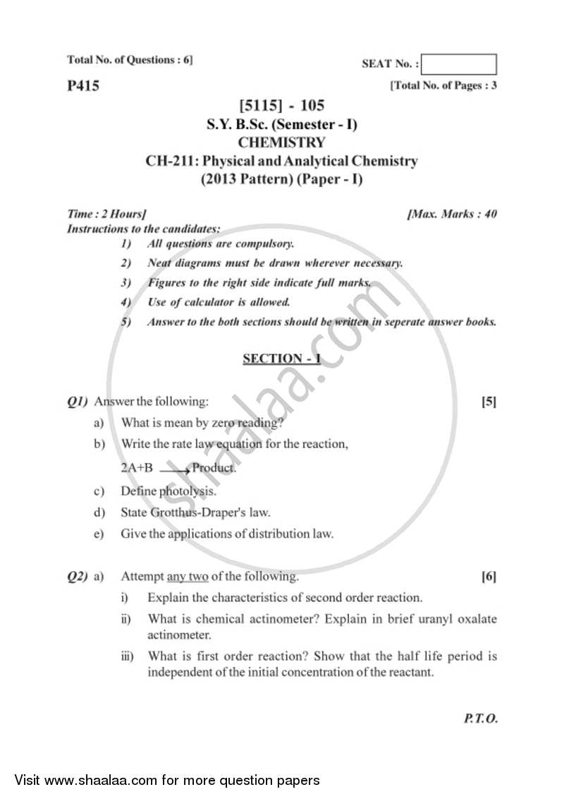 Physical and Analytical Chemistry 2016-2017 - B.Sc. - Semester 3 (SYBSc) - University of Pune question paper with PDF download