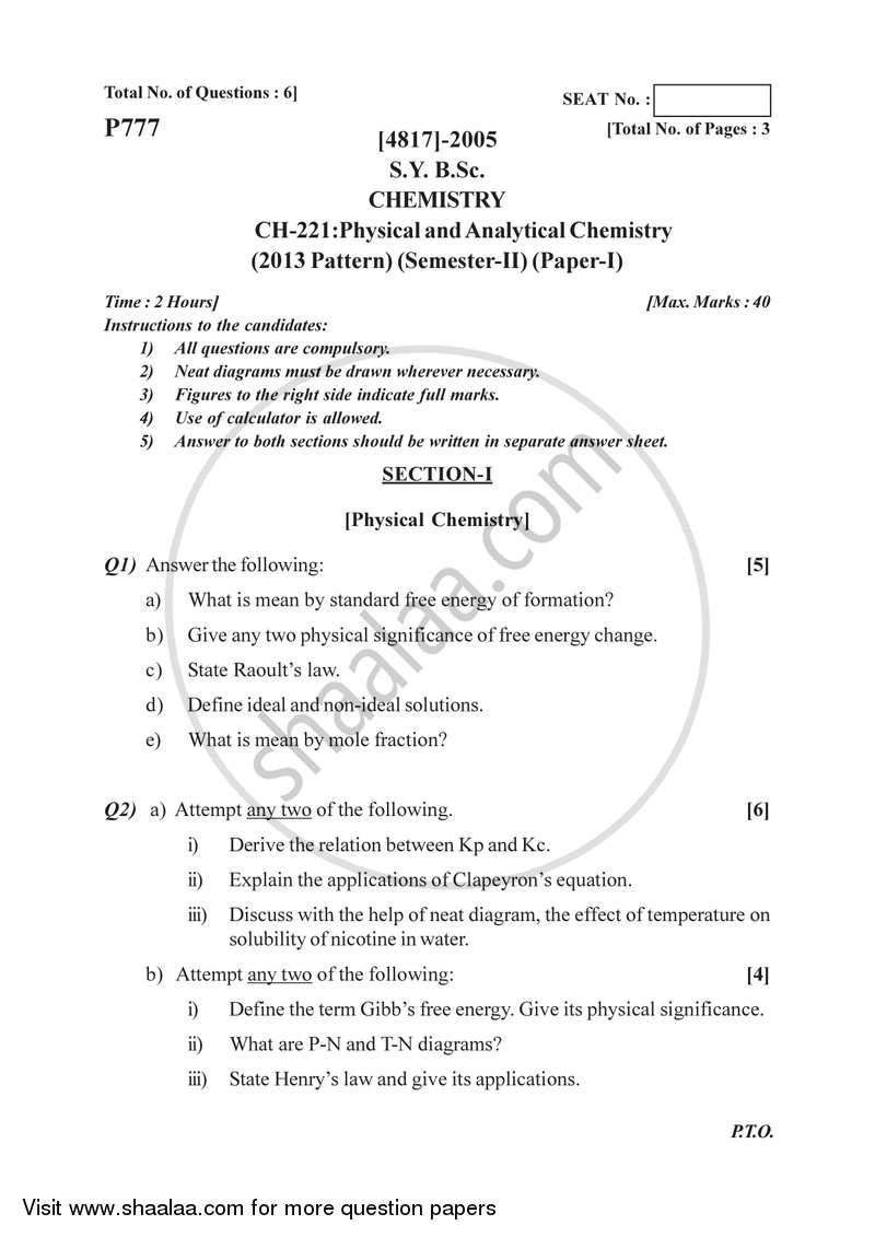 Physical and Analytical Chemistry 2015-2016 - B.Sc. - Semester 4 (SYBSc) - University of Pune question paper with PDF download