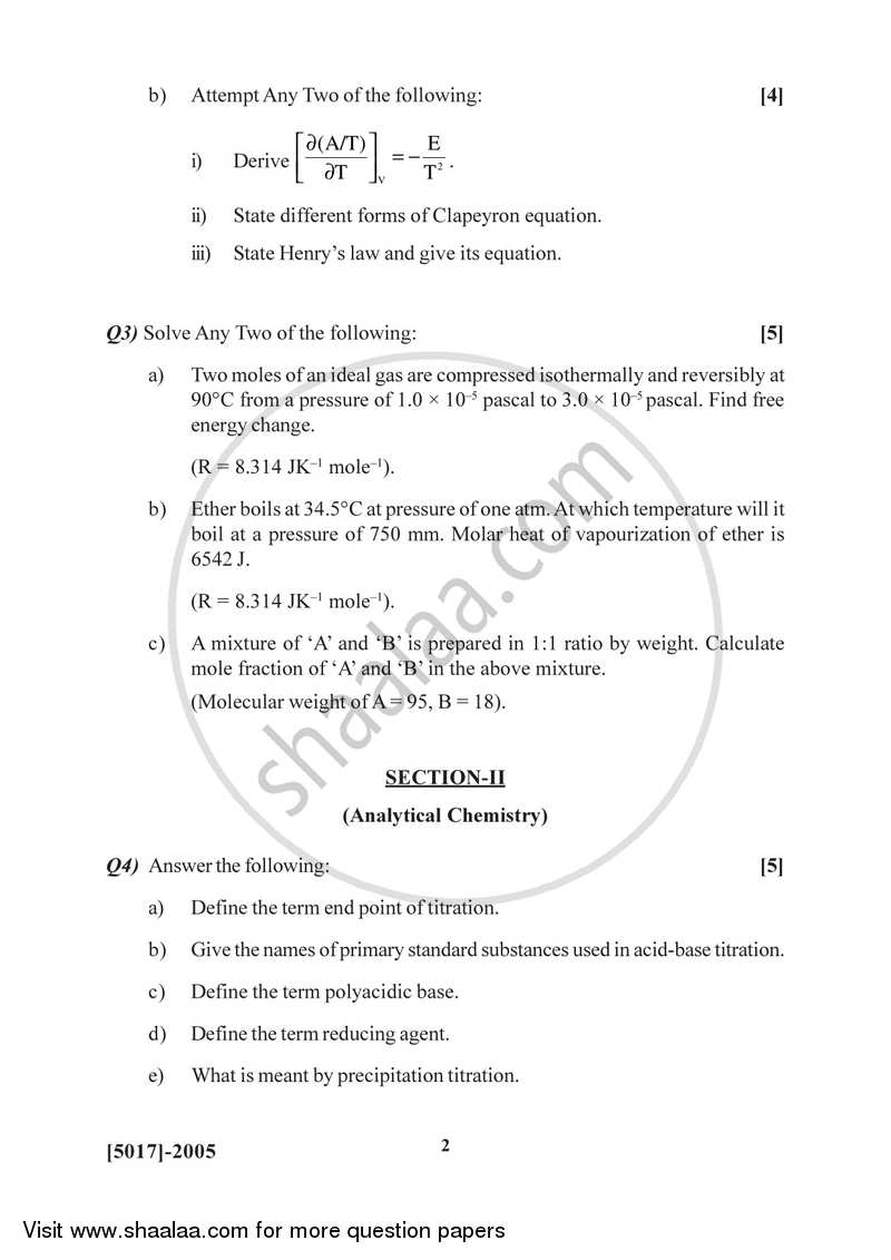 Physical and Analytical Chemistry 2016-2017 - B.Sc. - Semester 4 (SYBSc) - University of Pune question paper with PDF download