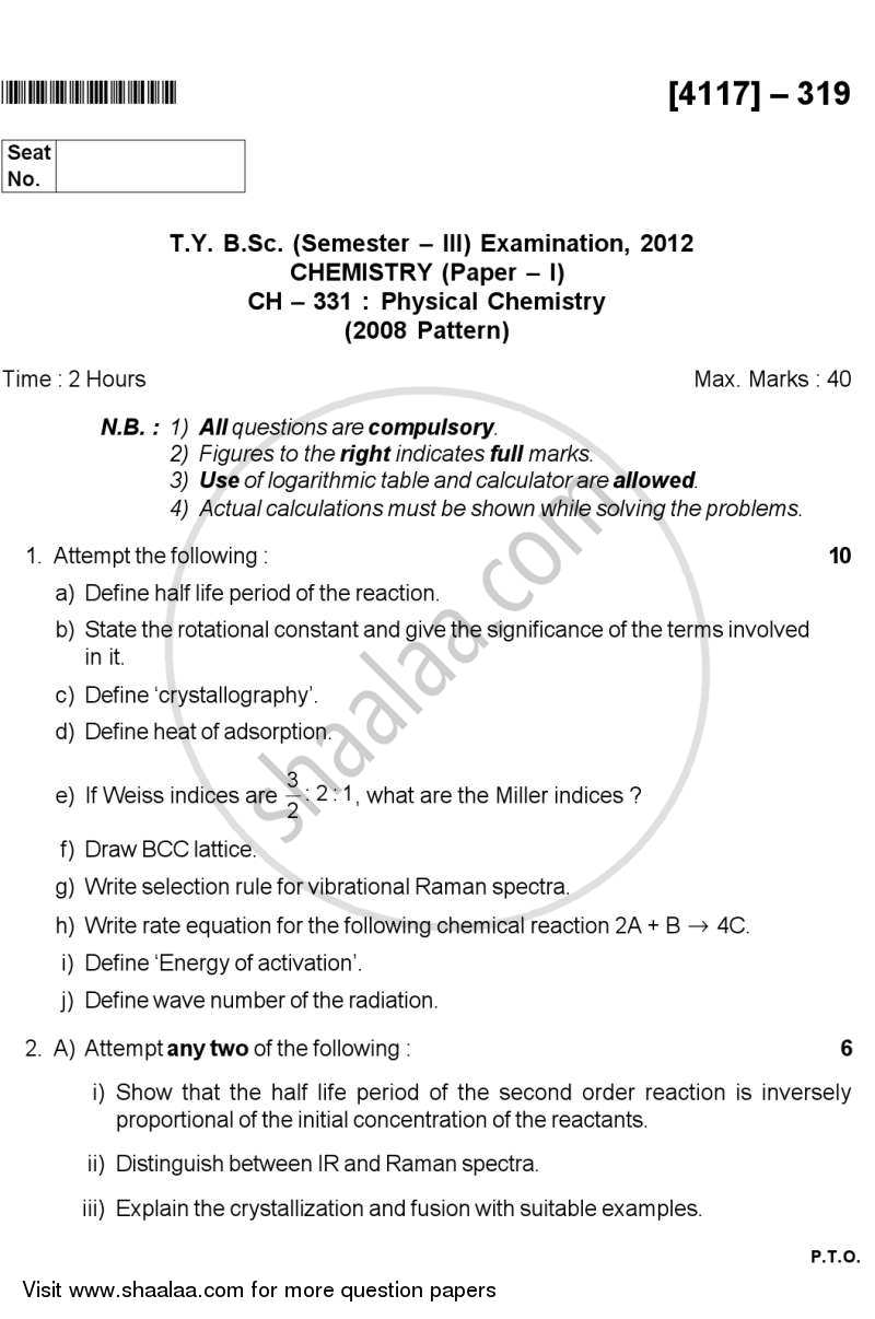 Physical Chemistry 2012-2013 - B.Sc. - Semester 5 (TYBSc) - University of Pune question paper with PDF download
