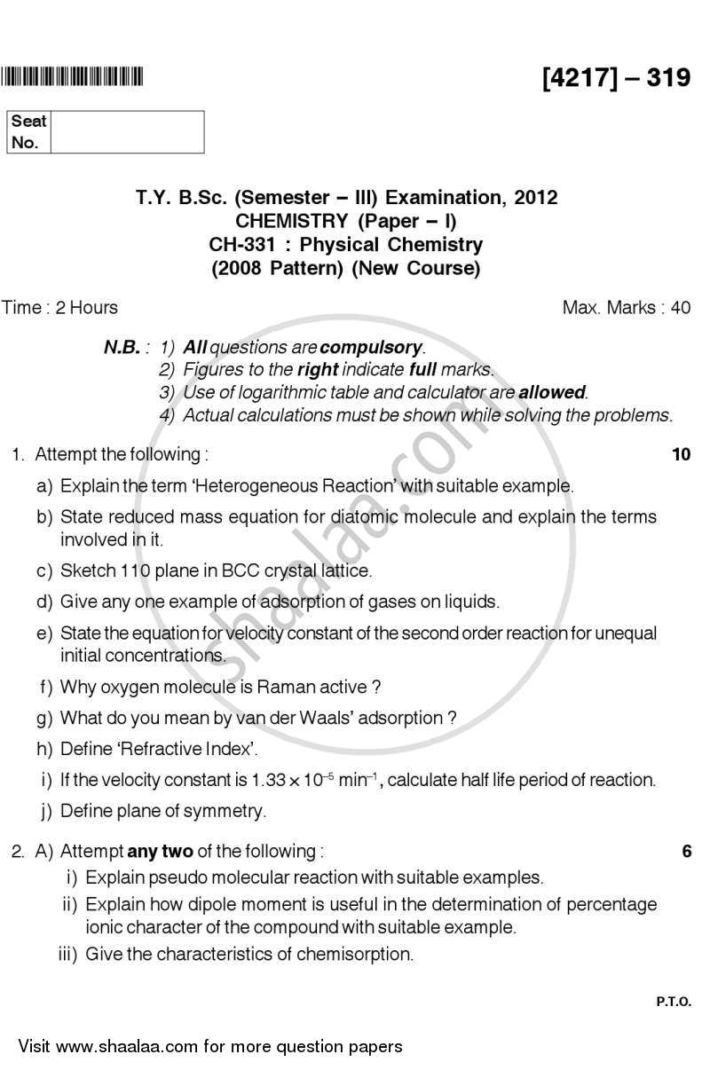 Physical Chemistry 2012-2013 - B.Sc. - Semester 5 (TYBSc) - University of Pune question paper with PDF download