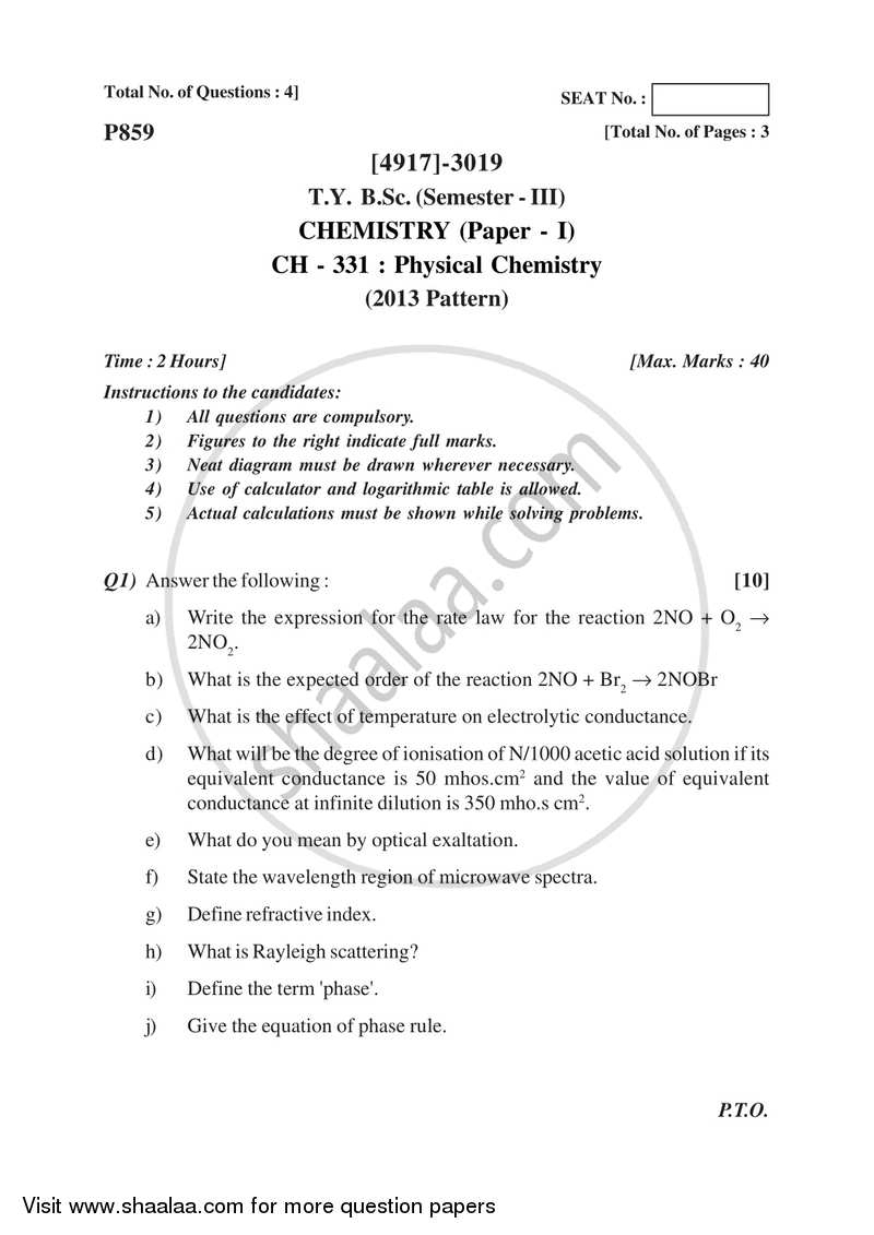 Physical Chemistry 2015-2016 - B.Sc. - Semester 5 (TYBSc) - University of Pune question paper with PDF download
