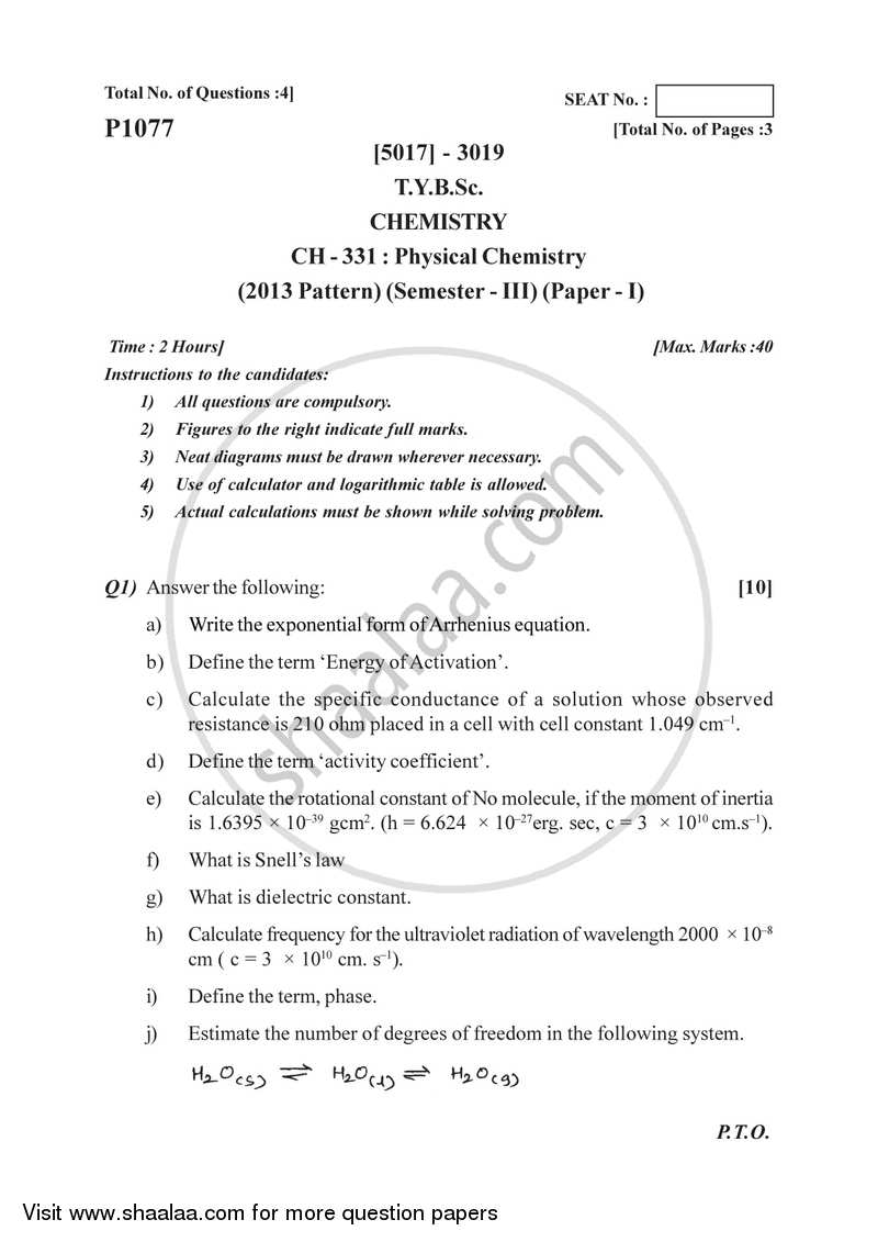 Physical Chemistry 2016-2017 - B.Sc. - Semester 5 (TYBSc) - University of Pune question paper with PDF download