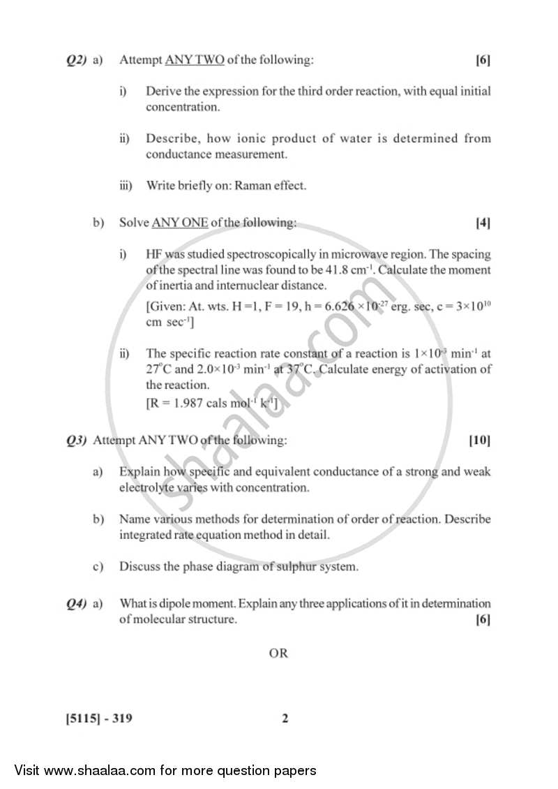 Physical Chemistry 2016-2017 - B.Sc. - Semester 5 (TYBSc) - University of Pune question paper with PDF download