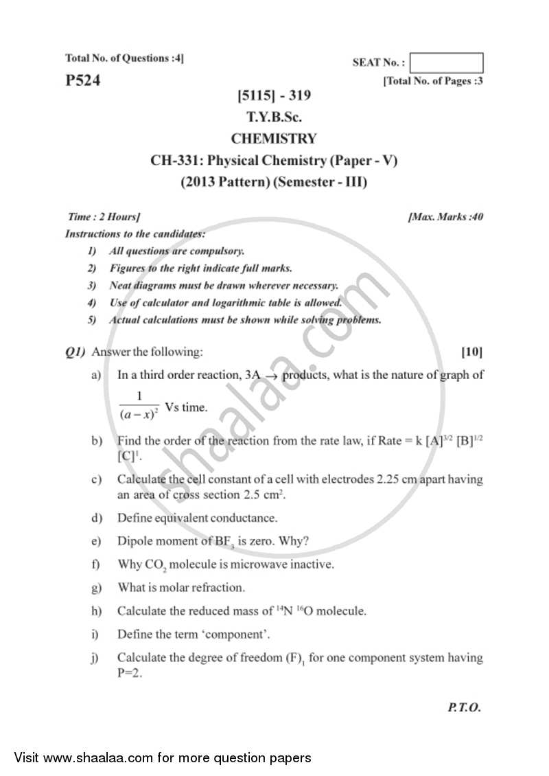 Physical Chemistry 2016-2017 - B.Sc. - Semester 5 (TYBSc) - University of Pune question paper with PDF download