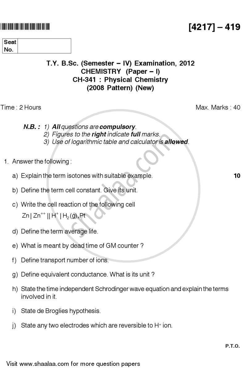 Physical Chemistry 2012-2013 - B.Sc. - Semester 6 (TYBSc) - University of Pune question paper with PDF download