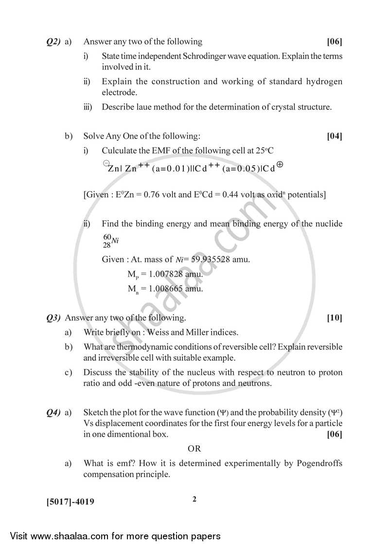 Physical Chemistry 2016-2017 - B.Sc. - Semester 6 (TYBSc) - University of Pune question paper with PDF download