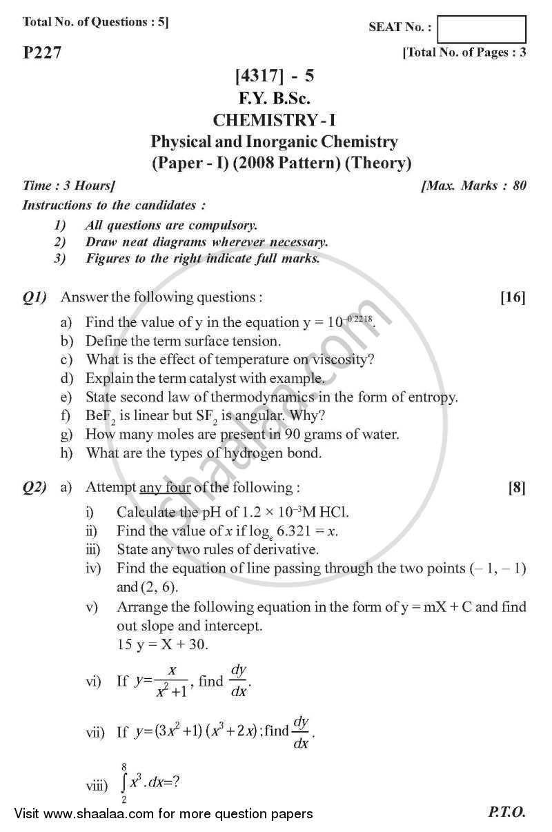 Physical and Inorganic Chemistry 2013-2014 - B.Sc. - Semester 2 (FYBSc) - University of Pune question paper with PDF download