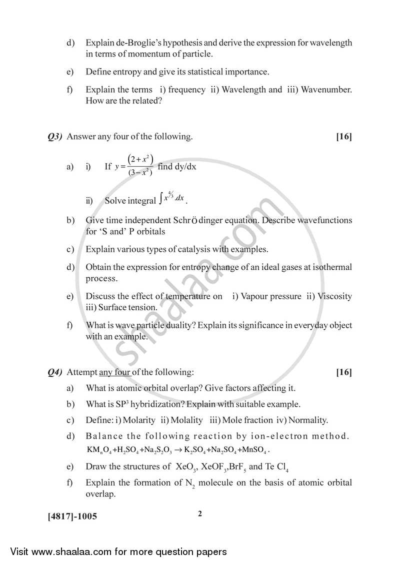 Physical and Inorganic Chemistry 2015-2016 - B.Sc. - Semester 2 (FYBSc) - University of Pune question paper with PDF download