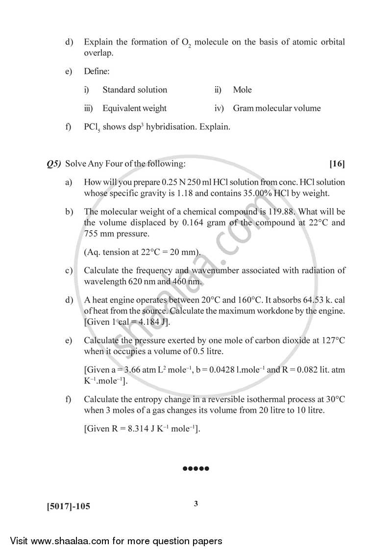 Physical and Inorganic Chemistry 2016-2017 - B.Sc. - Semester 2 (FYBSc) - University of Pune question paper with PDF download