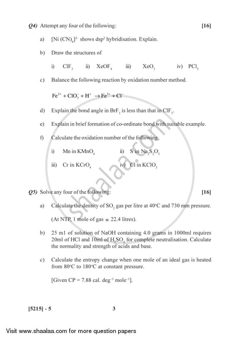 Physical and Inorganic Chemistry 2017-2018 - B.Sc. - Semester 2 (FYBSc) - University of Pune question paper with PDF download