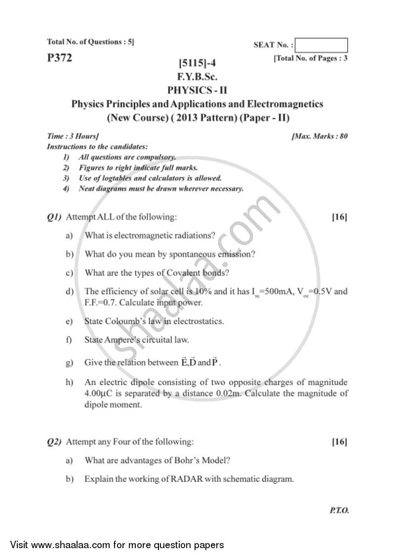 Physics Principles and Applications and Electromagnetics 2016-2017 - B.Sc. - Semester 2 (FYBSc) - University of Pune question paper with PDF download