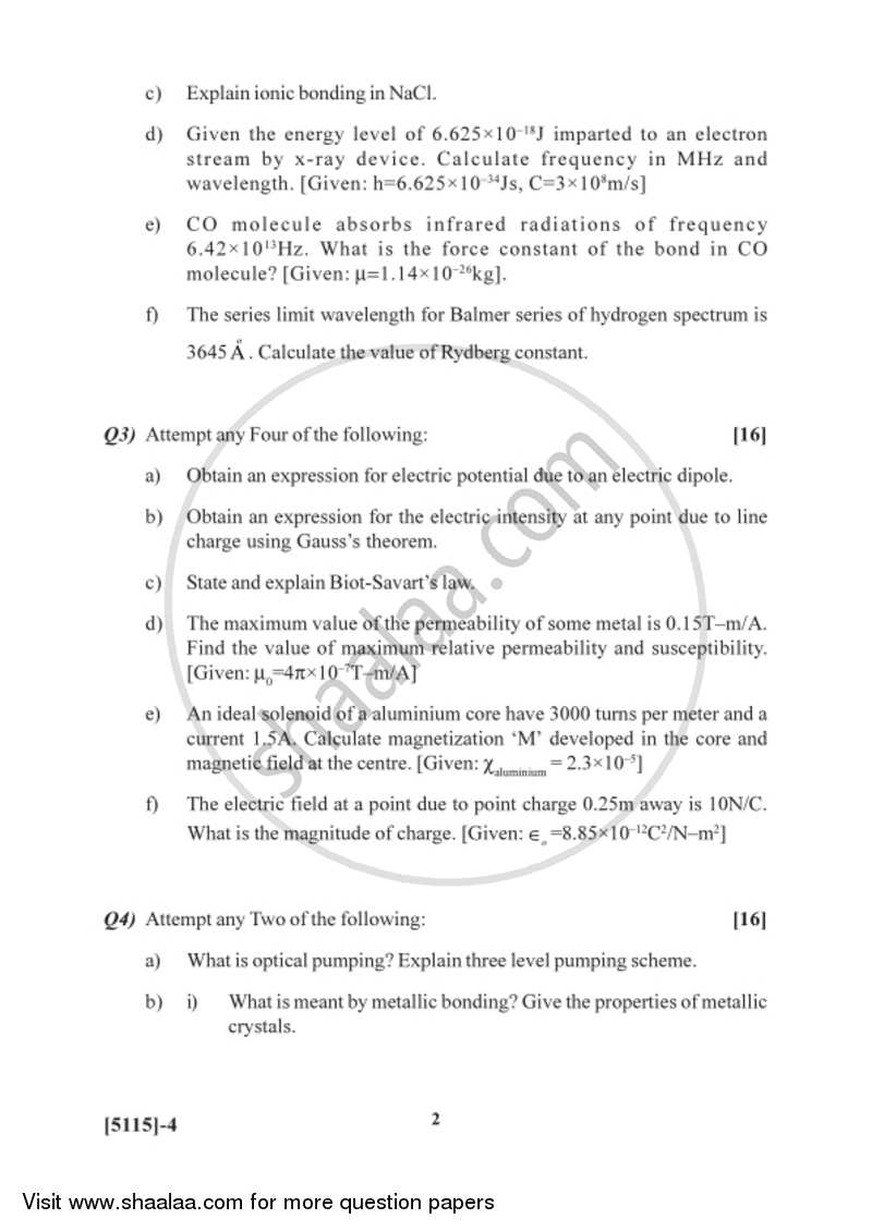 Physics Principles and Applications and Electromagnetics 2016-2017 - B.Sc. - Semester 2 (FYBSc) - University of Pune question paper with PDF download