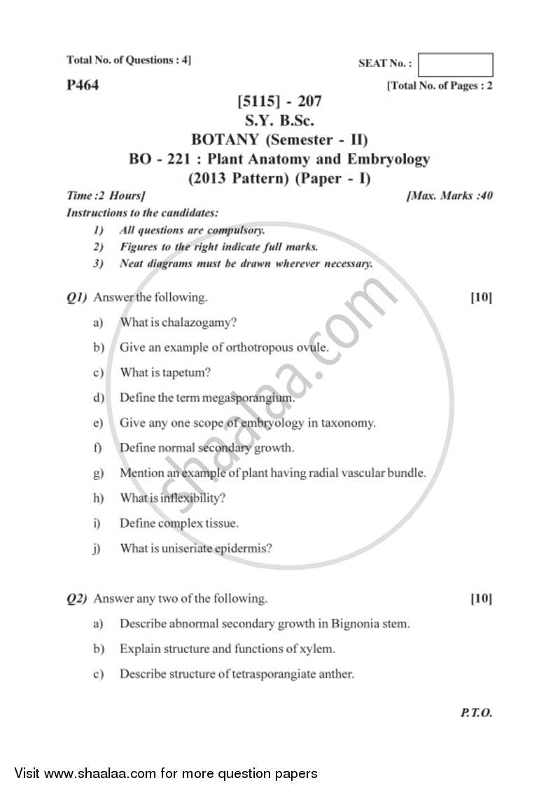 Plant Anatomy and Embryology 2016-2017 - B.Sc. - Semester 4 (SYBSc) - University of Pune question paper with PDF download