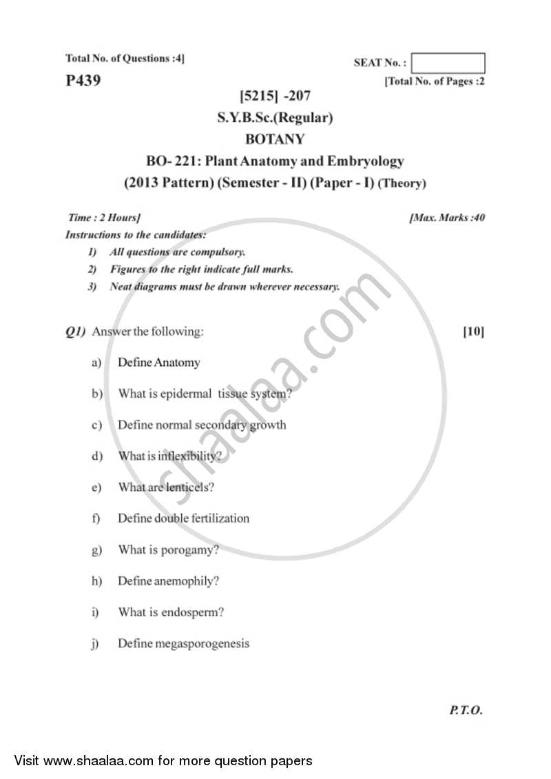 Plant Anatomy and Embryology 2017-2018 - B.Sc. - Semester 4 (SYBSc) - University of Pune question paper with PDF download