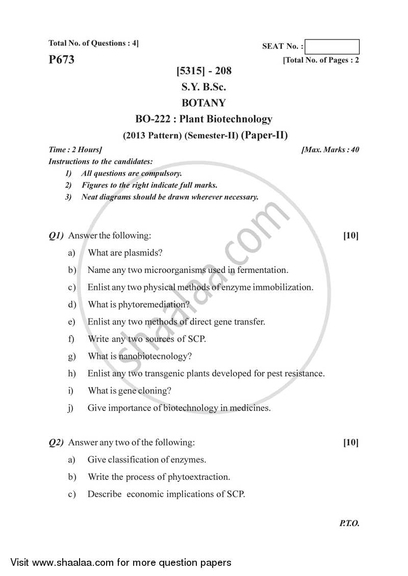Plant Biotechnology 2017-2018 - B.Sc. - Semester 4 (SYBSc) - University of Pune question paper with PDF download