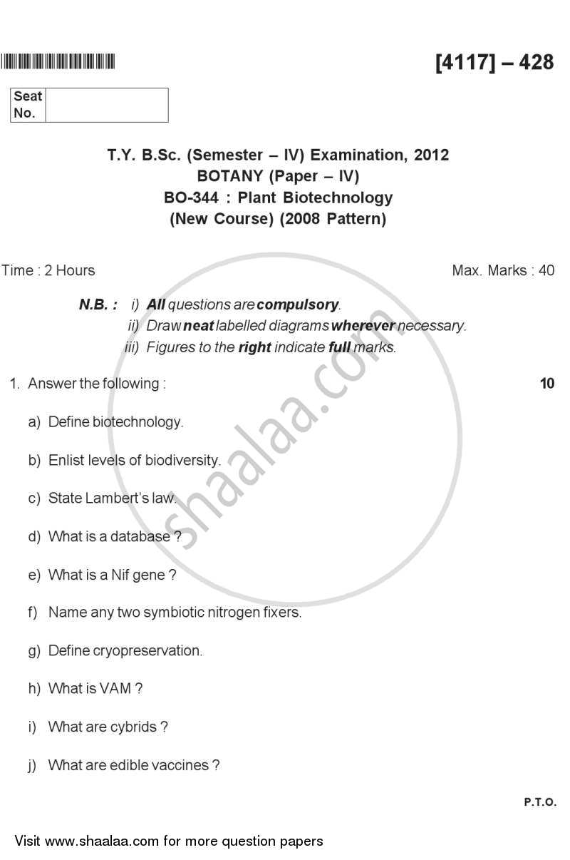 Plant Biotechnology 2012-2013 - B.Sc. - Semester 6 (TYBSc) - University of Pune question paper with PDF download