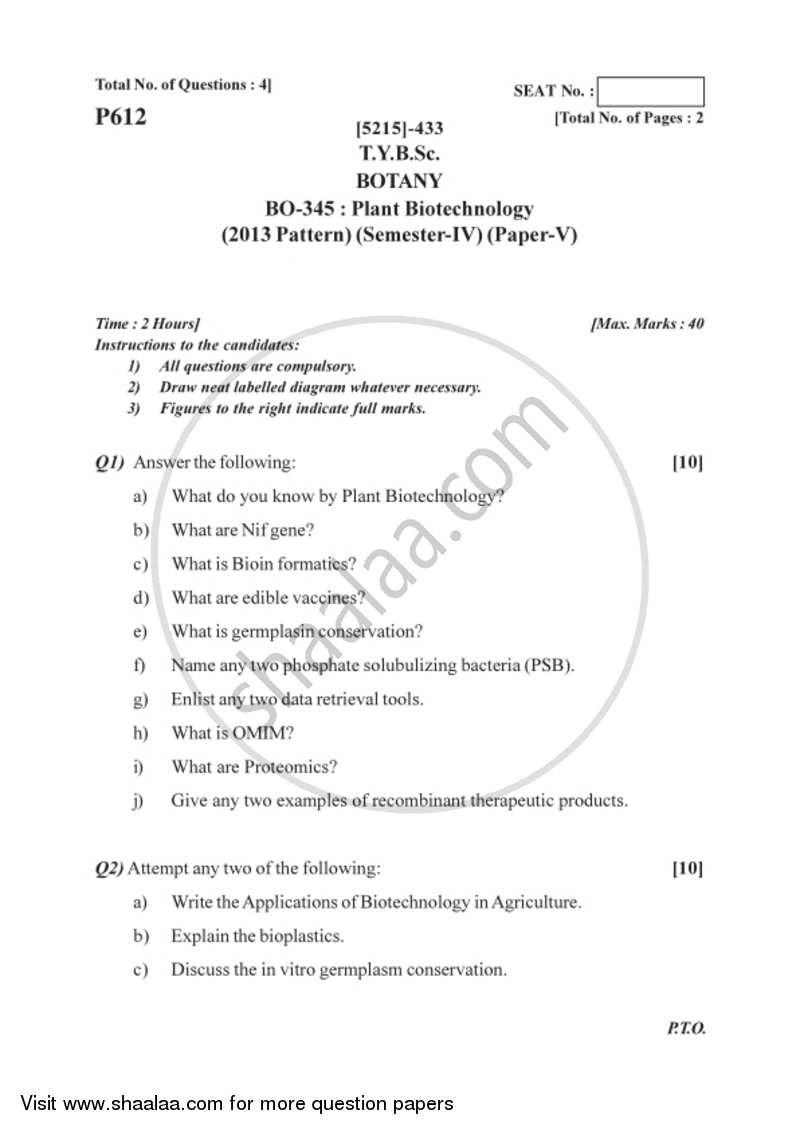 Plant Biotechnology 2017-2018 - B.Sc. - Semester 6 (TYBSc) - University of Pune question paper with PDF download