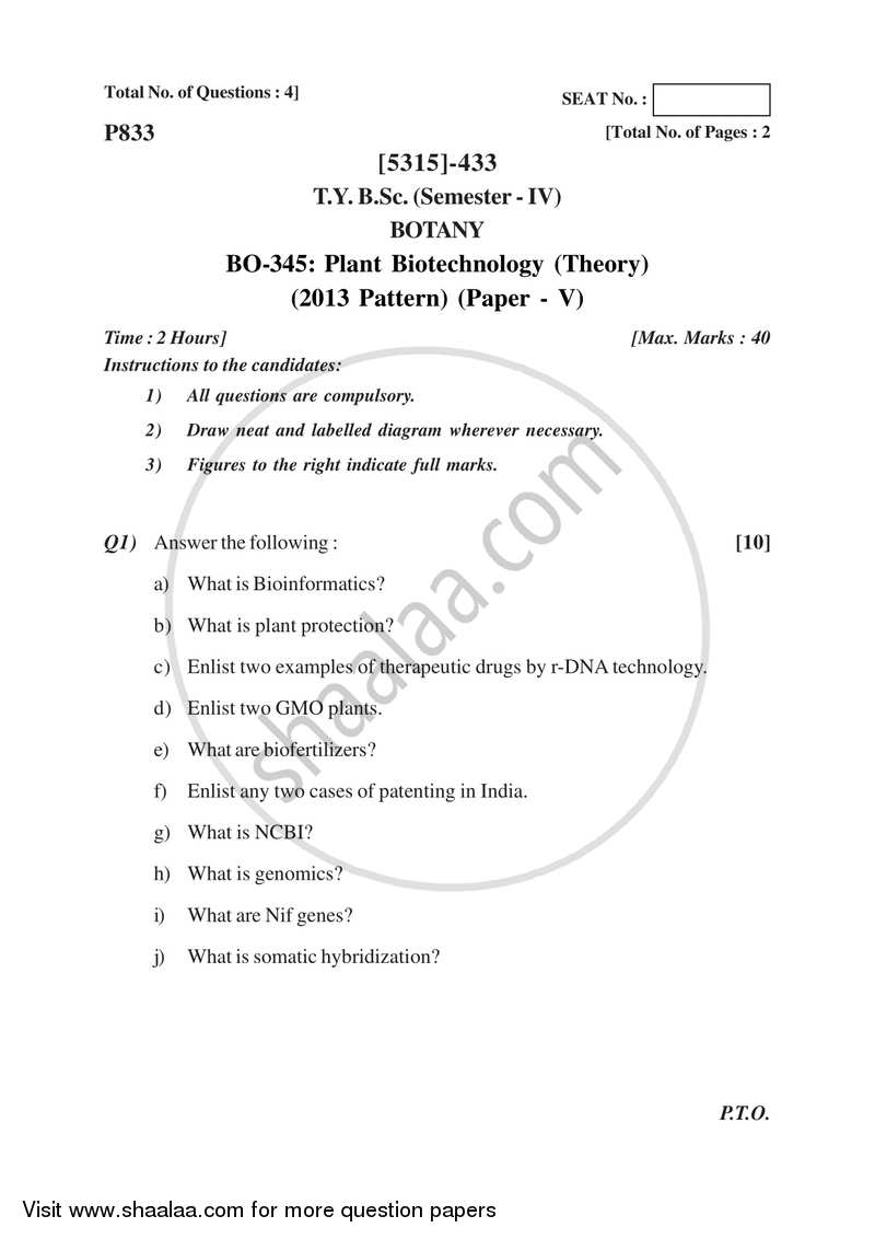 Plant Biotechnology 2017-2018 - B.Sc. - Semester 6 (TYBSc) - University of Pune question paper with PDF download