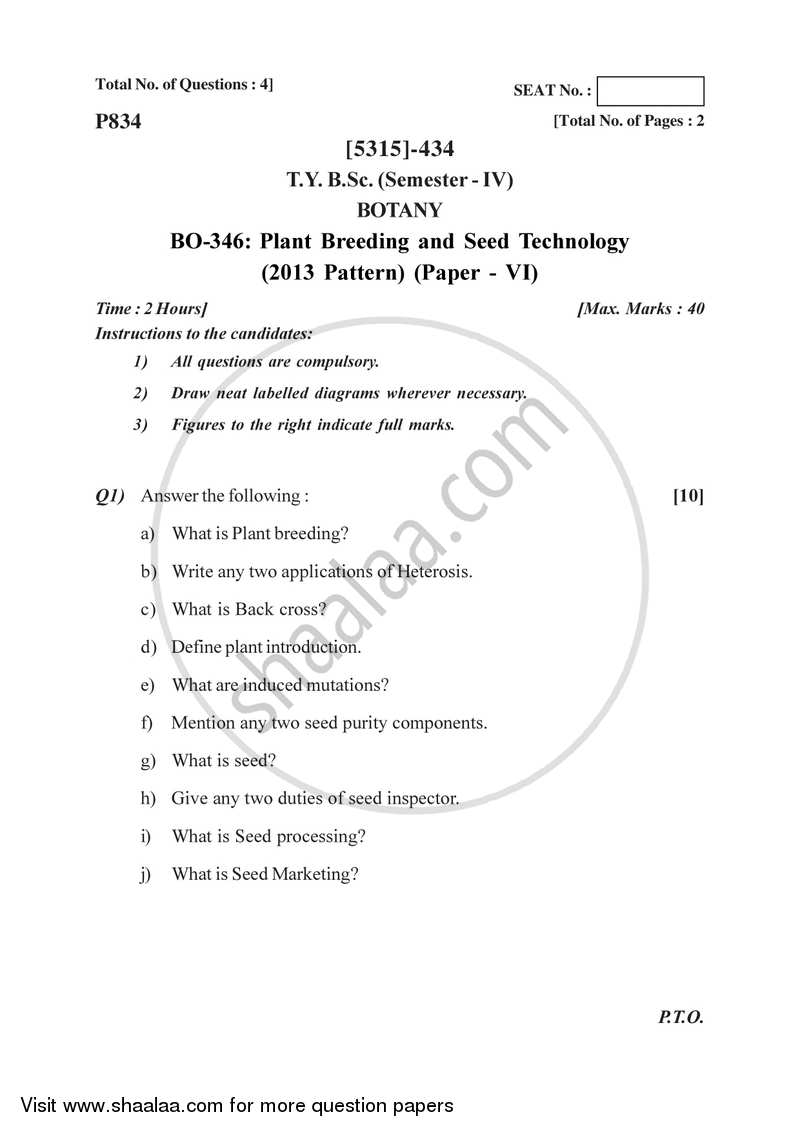Plant Breeding and Seed Technology 2017-2018 - B.Sc. - Semester 6 (TYBSc) - University of Pune question paper with PDF download