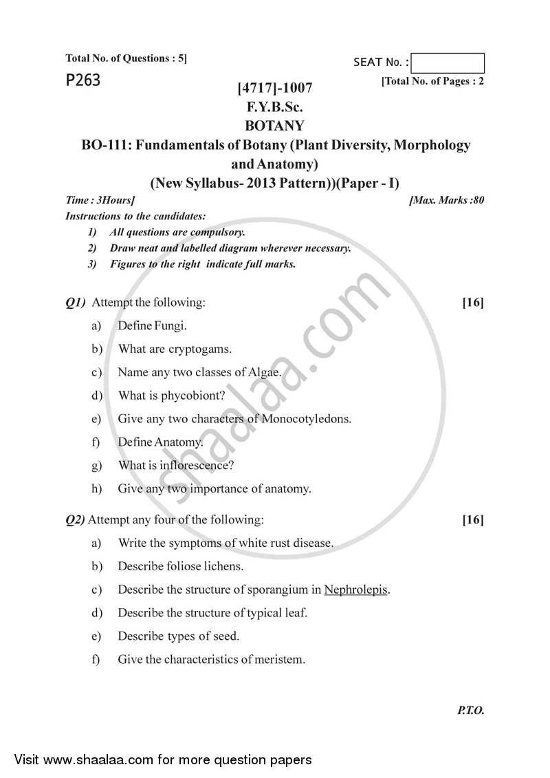 Plant Diversity,Plant Morphology and Anatomy 2014-2015 - B.Sc. - Semester 2 (FYBSc) - University of Pune question paper with PDF download