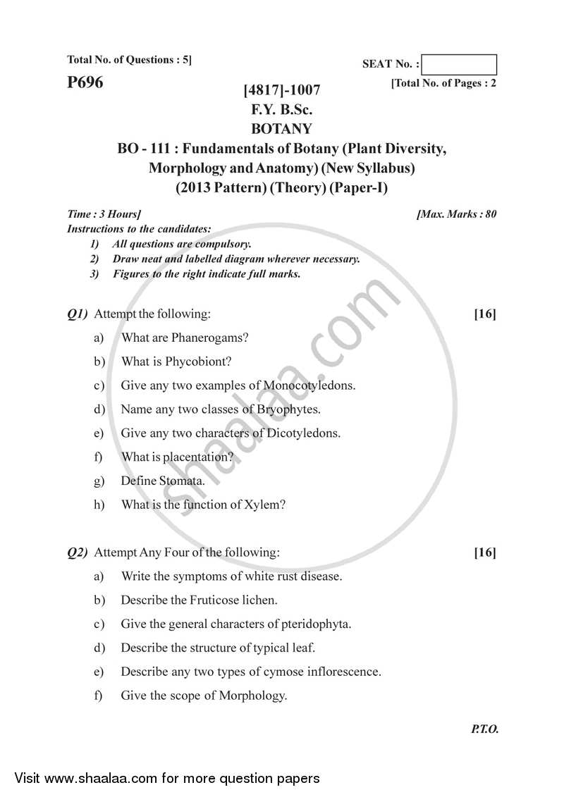 Plant Diversity,Plant Morphology and Anatomy 2015-2016 - B.Sc. - Semester 2 (FYBSc) - University of Pune question paper with PDF download