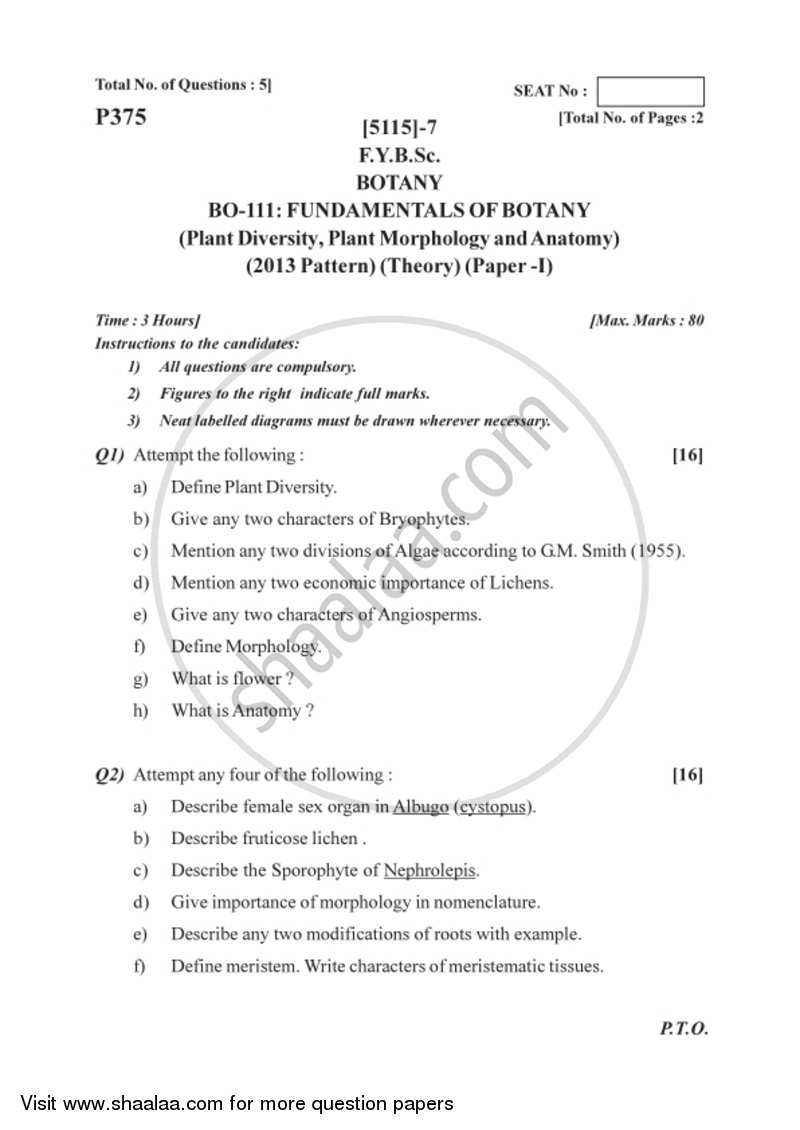 Plant Diversity,Plant Morphology and Anatomy 2016-2017 - B.Sc. - Semester 2 (FYBSc) - University of Pune question paper with PDF download