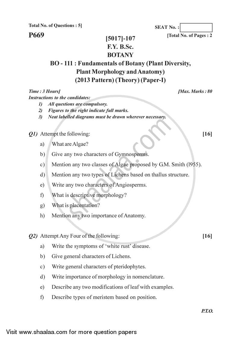 Plant Diversity,Plant Morphology and Anatomy 2016-2017 - B.Sc. - Semester 2 (FYBSc) - University of Pune question paper with PDF download