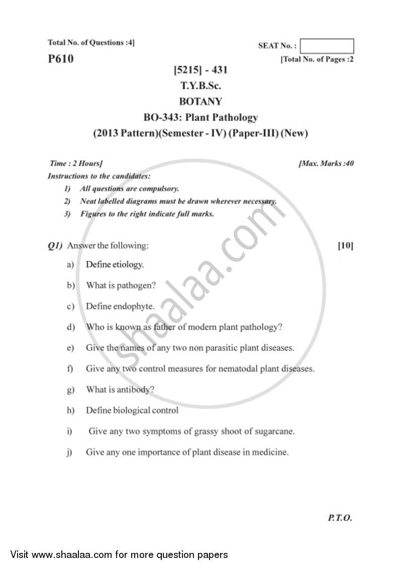 Plant Pathology 2017-2018 - B.Sc. - Semester 6 (TYBSc) - University of Pune question paper with PDF download