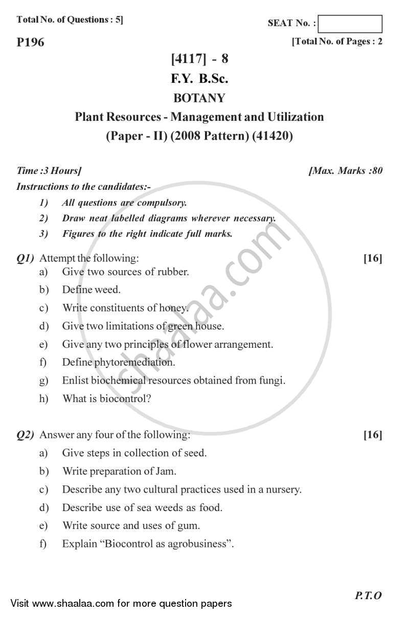 Plant Resources - Management and Utilization 2012-2013 - B.Sc. - Semester 2 (FYBSc) - University of Pune question paper with PDF download
