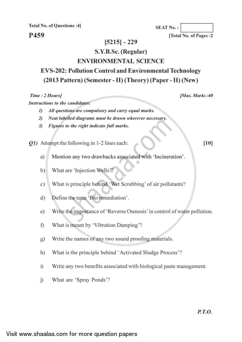 Pollution Control and Environmental Technology 2017-2018 - B.Sc. - Semester 4 (SYBSc) - University of Pune question paper with PDF download