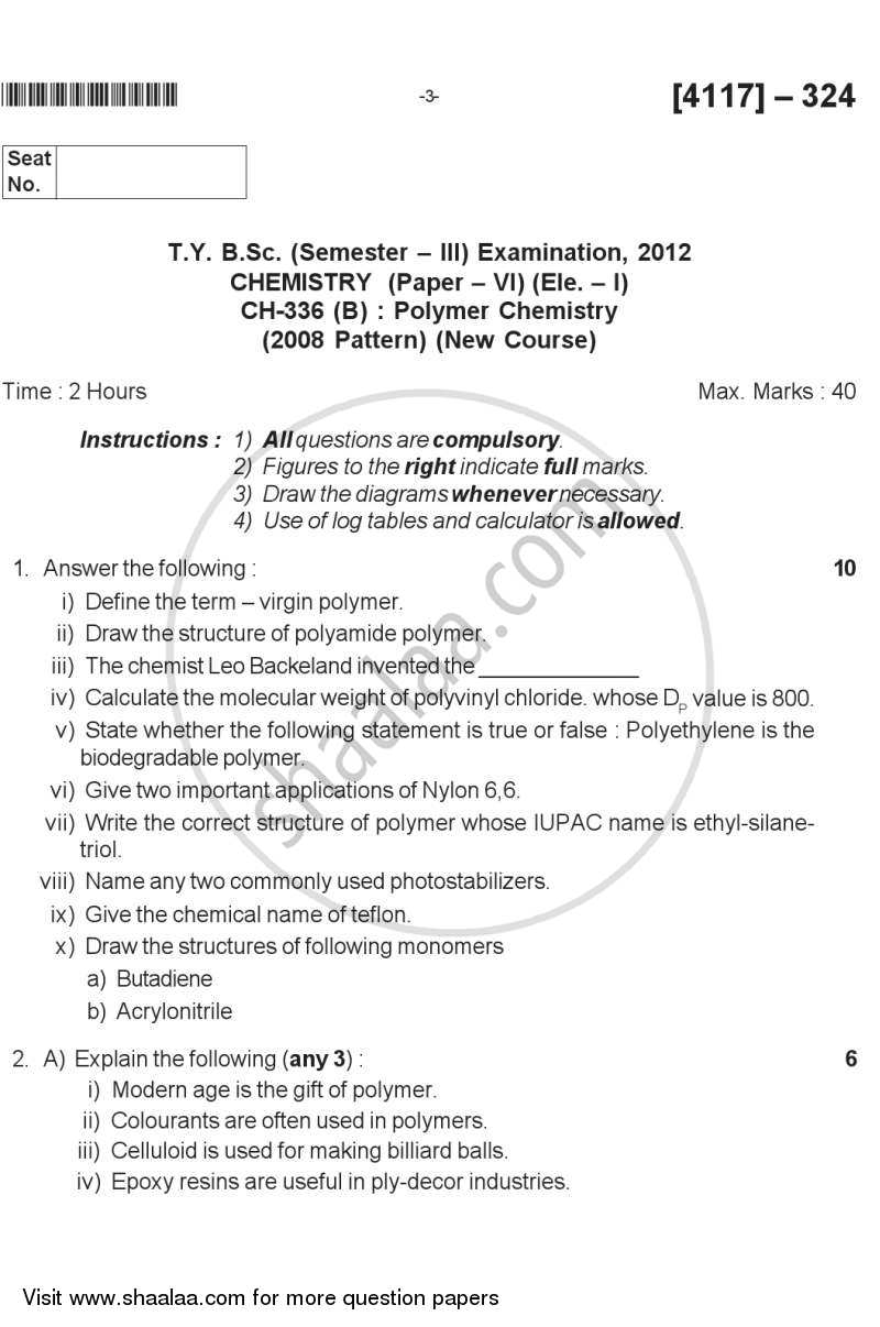 Polymer Chemistry 2012-2013 - B.Sc. - Semester 5 (TYBSc) - University of Pune question paper with PDF download