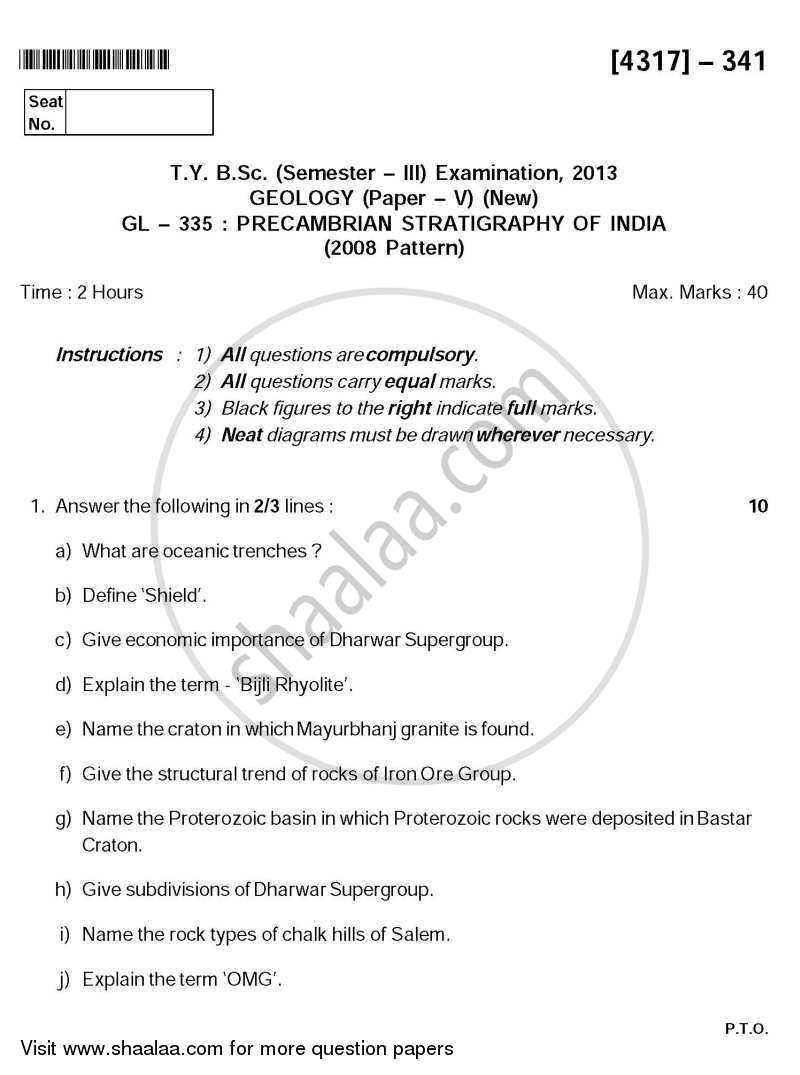 Precambrian Stratigraphy of India 2013-2014 - B.Sc. - Semester 5 (TYBSc) - University of Pune question paper with PDF download