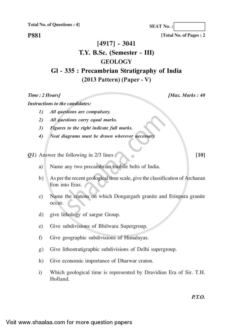 Precambrian Stratigraphy of India 2015-2016 - B.Sc. - Semester 5 (TYBSc) - University of Pune question paper with PDF download