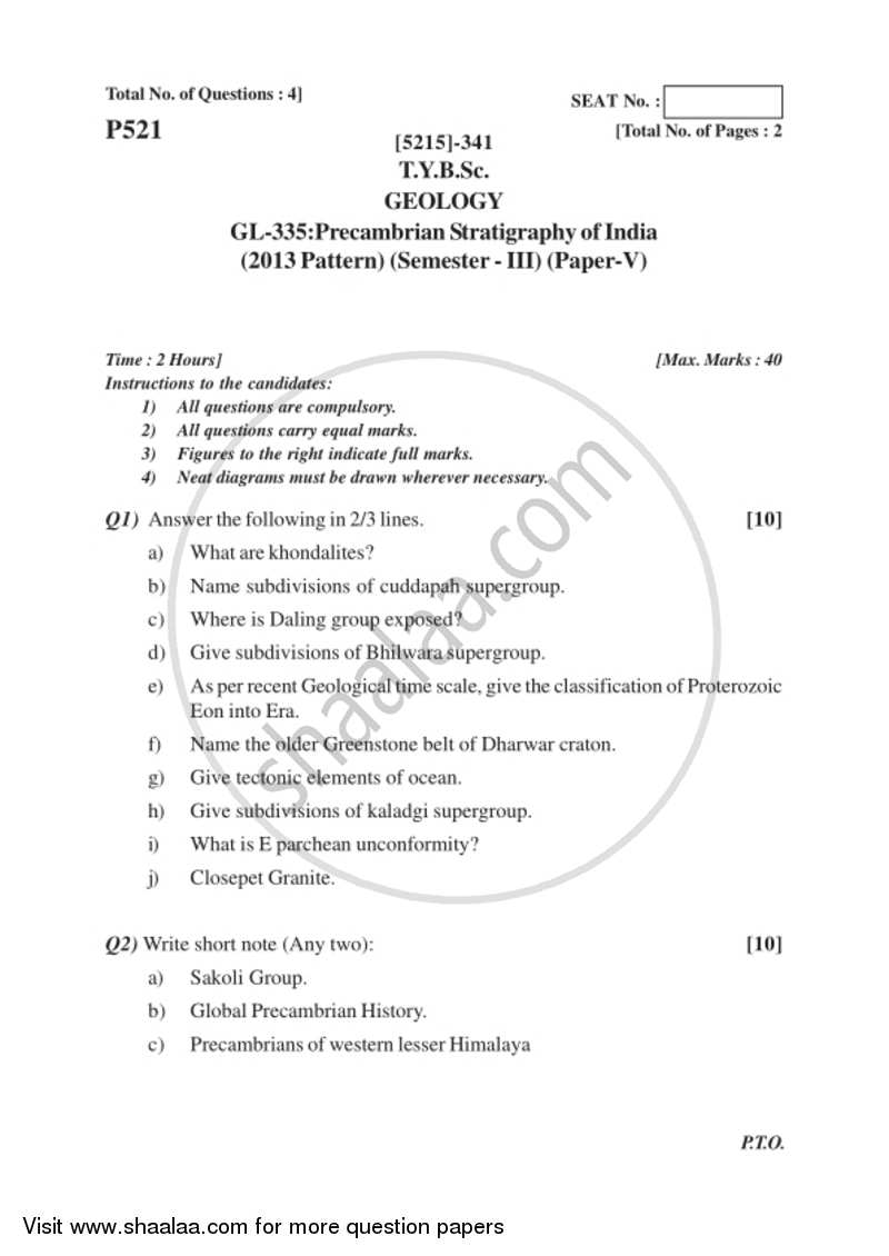 Precambrian Stratigraphy of India 2017-2018 - B.Sc. - Semester 5 (TYBSc) - University of Pune question paper with PDF download