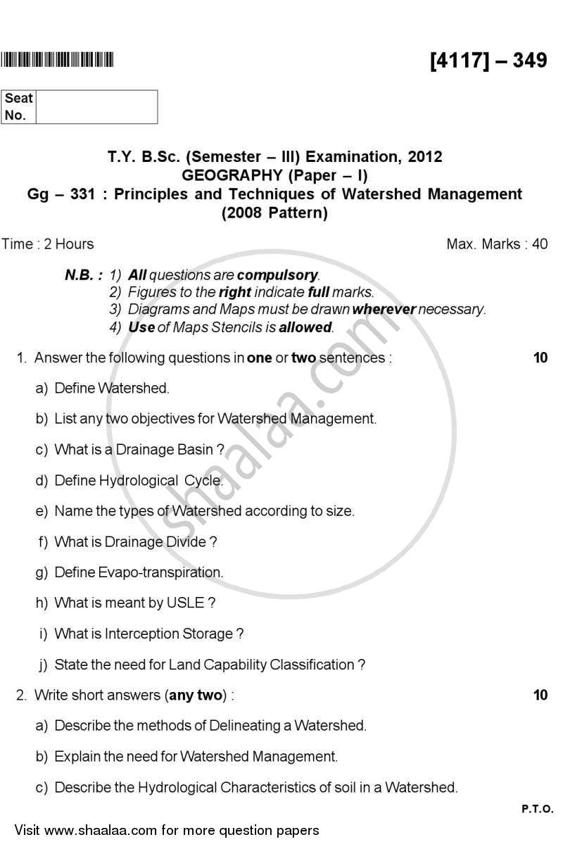 Principles and Techniques of Watershed Management 2012-2013 - B.Sc. - Semester 5 (TYBSc) - University of Pune question paper with PDF download