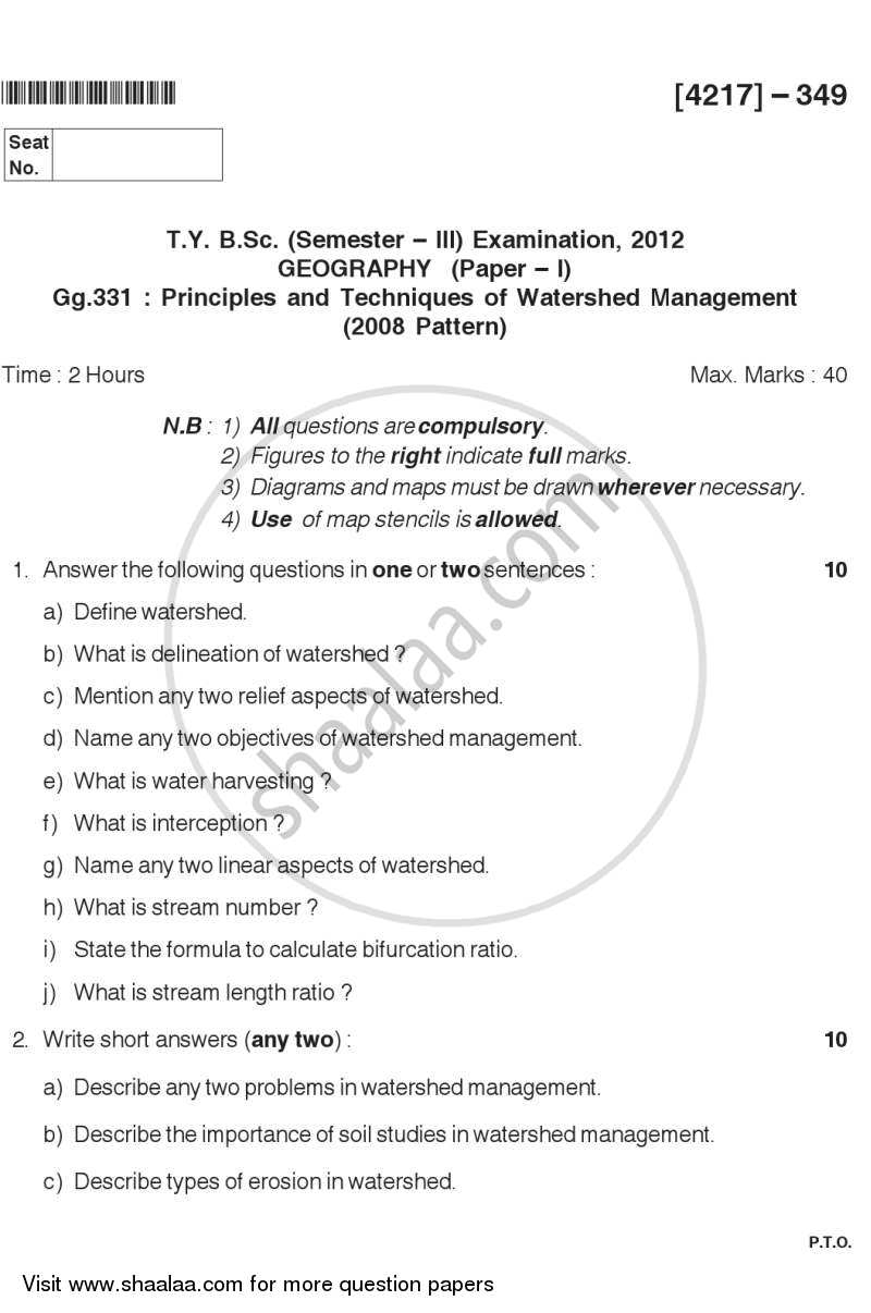 Principles and Techniques of Watershed Management 2012-2013 - B.Sc. - Semester 5 (TYBSc) - University of Pune question paper with PDF download