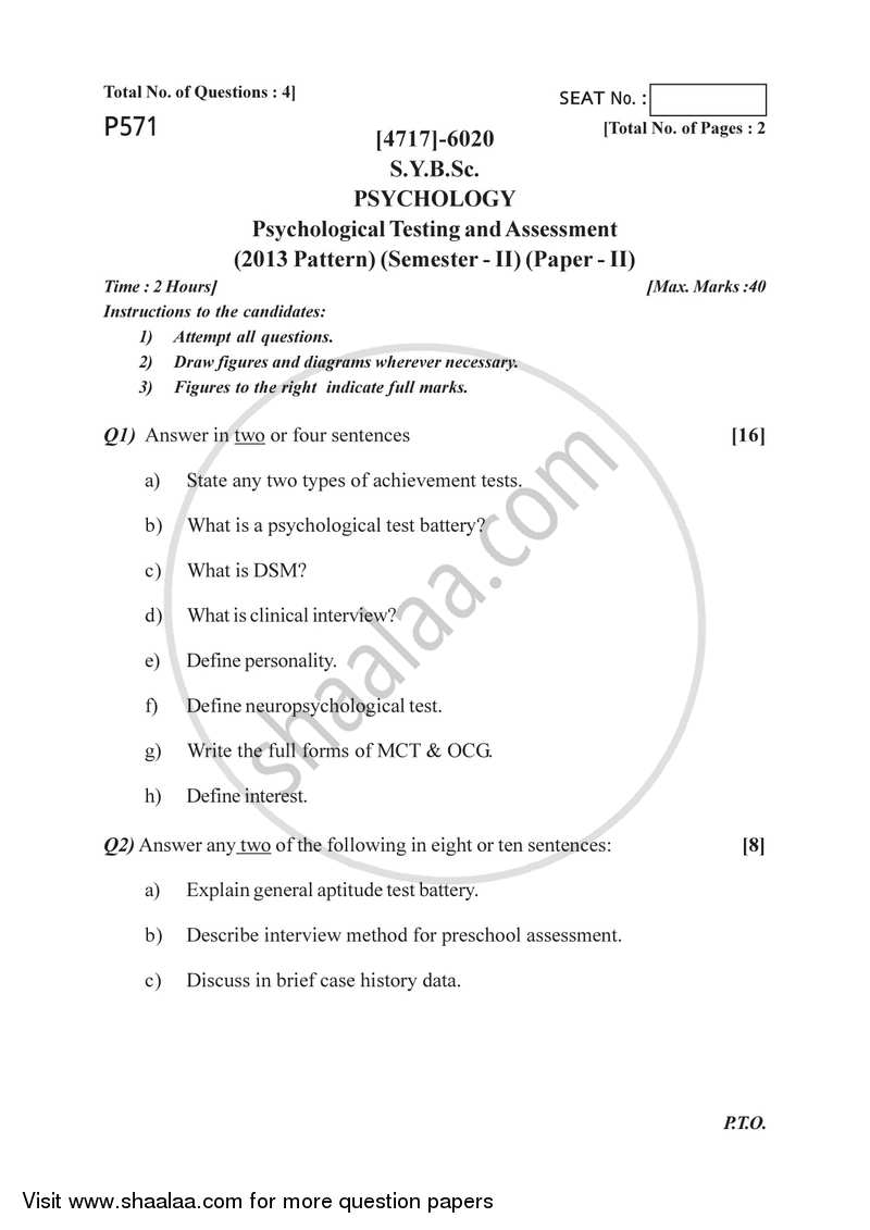 Psychological Testing and Assessment 2014-2015 - B.Sc. - Semester 4 (SYBSc) - University of Pune question paper with PDF download