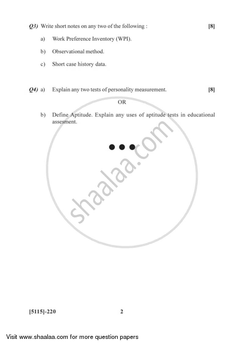 Psychological Testing and Assessment 2016-2017 - B.Sc. - Semester 4 (SYBSc) - University of Pune question paper with PDF download