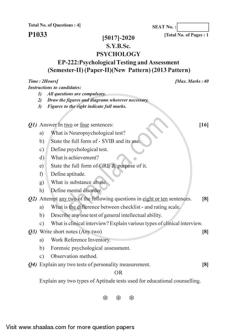 Psychological Testing and Assessment 2016-2017 - B.Sc. - Semester 4 (SYBSc) - University of Pune question paper with PDF download