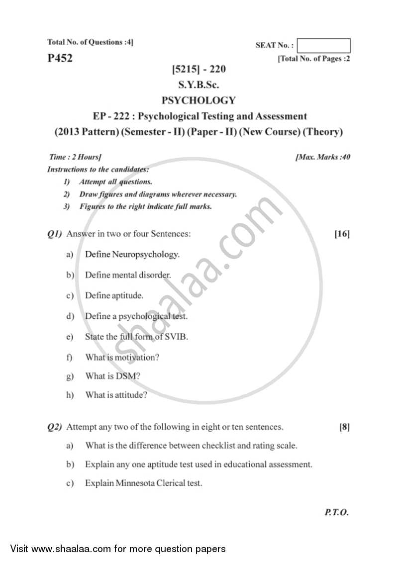 Psychological Testing and Assessment 2017-2018 - B.Sc. - Semester 4 (SYBSc) - University of Pune question paper with PDF download